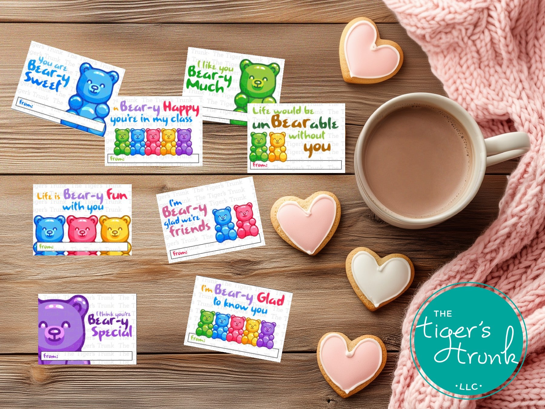 Printable Valentine's card featuring a colorful gummy bear design, ideal for pairing with gummy bear treats.