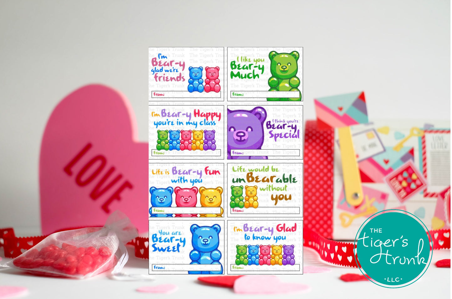 Printable Valentine's card featuring a colorful gummy bear design, ideal for pairing with gummy bear treats.