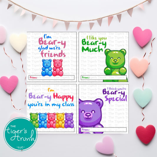Printable Valentine’s tags featuring gummy bear designs, perfect for kids’ treat bags and classroom exchanges, instant download.