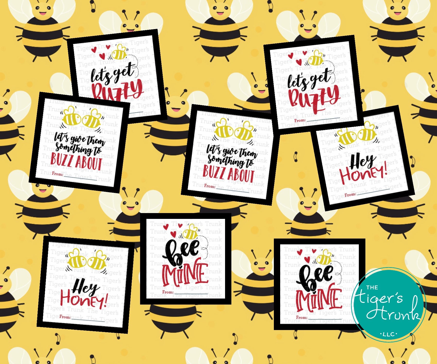 Valentine’s tags with a honey bee theme and the message "Bee Mine," perfect for treat bags and party favors.