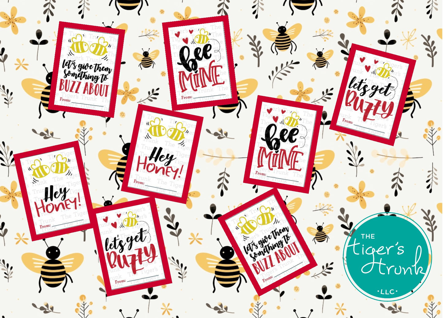 Valentine’s cards with a honey bee theme and playful messages like "Bee Mine" and "Let’s Get Buzzy."