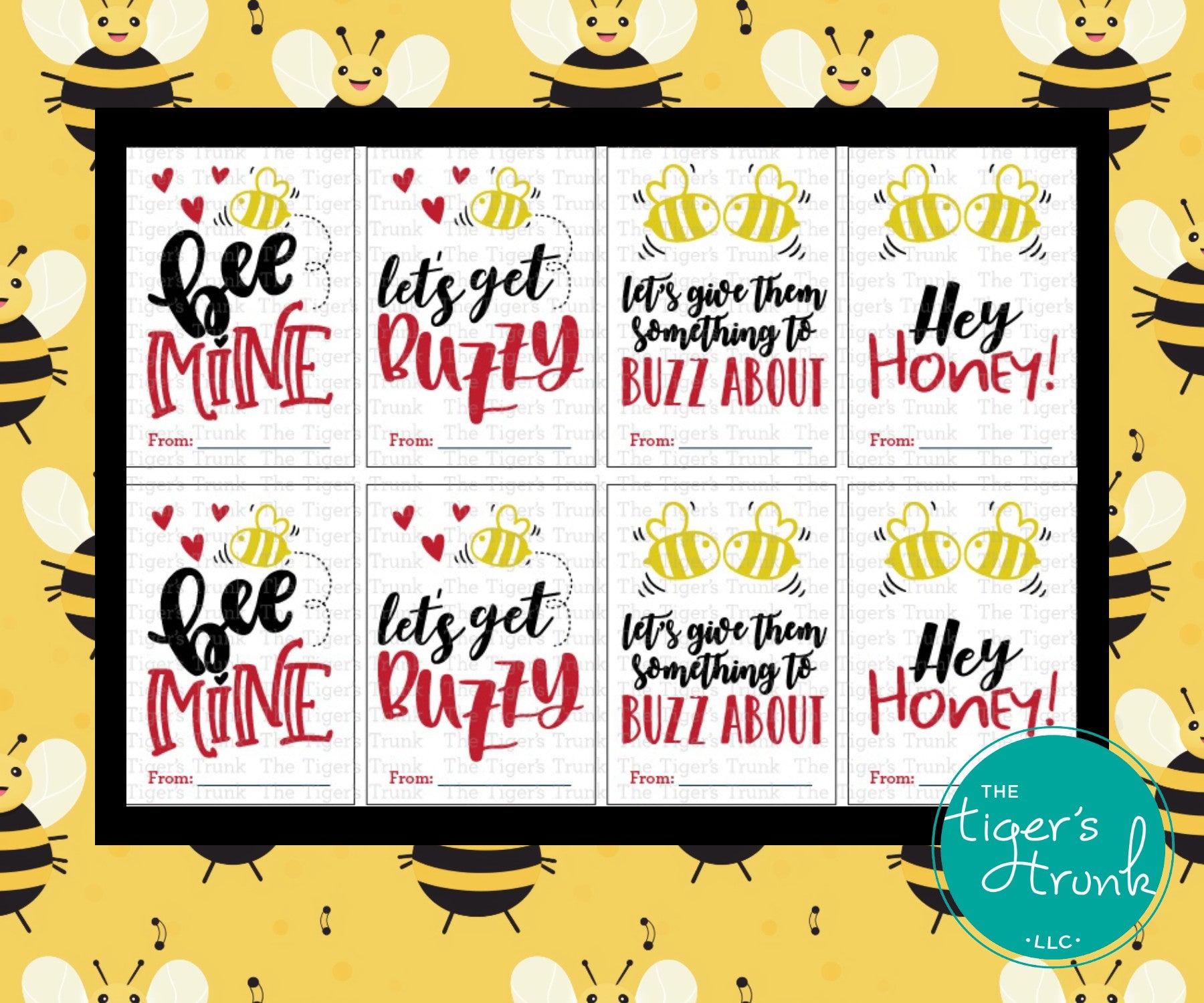 Valentine’s cards with a honey bee theme and playful messages like "Bee Mine" and "Let’s Get Buzzy."