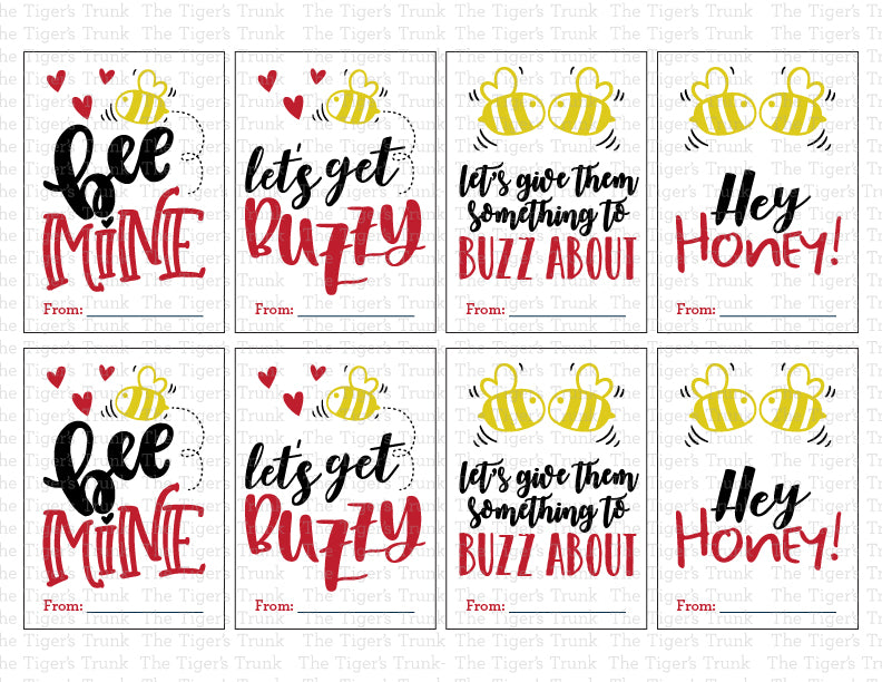 Valentine’s cards with a honey bee theme and playful messages like "Bee Mine" and "Let’s Get Buzzy."