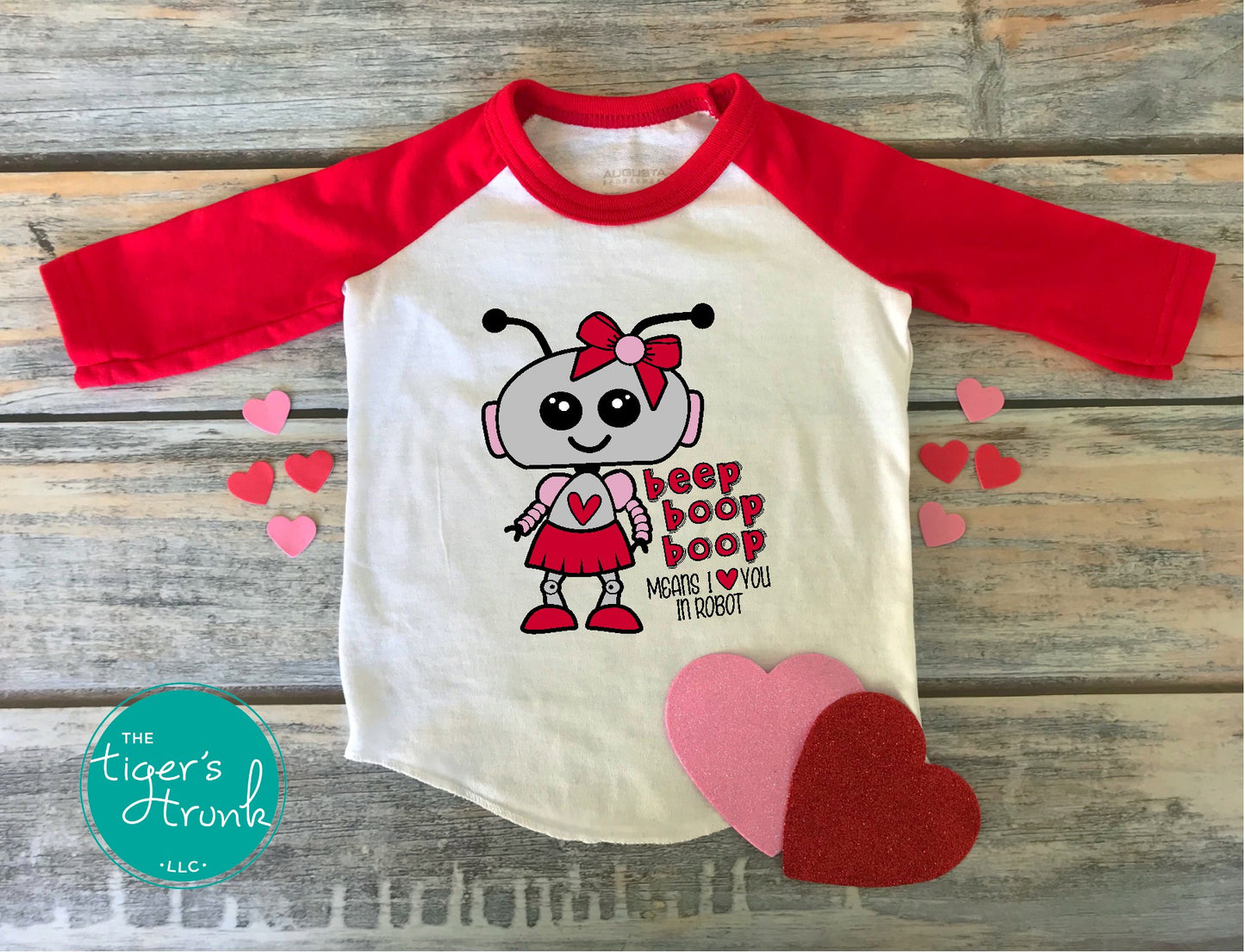 Kids Valentine’s Day STEM-inspired t-shirt with the phrase Beep Beep Boop Boop Means I Love You in Robot, perfect for robotics fans.