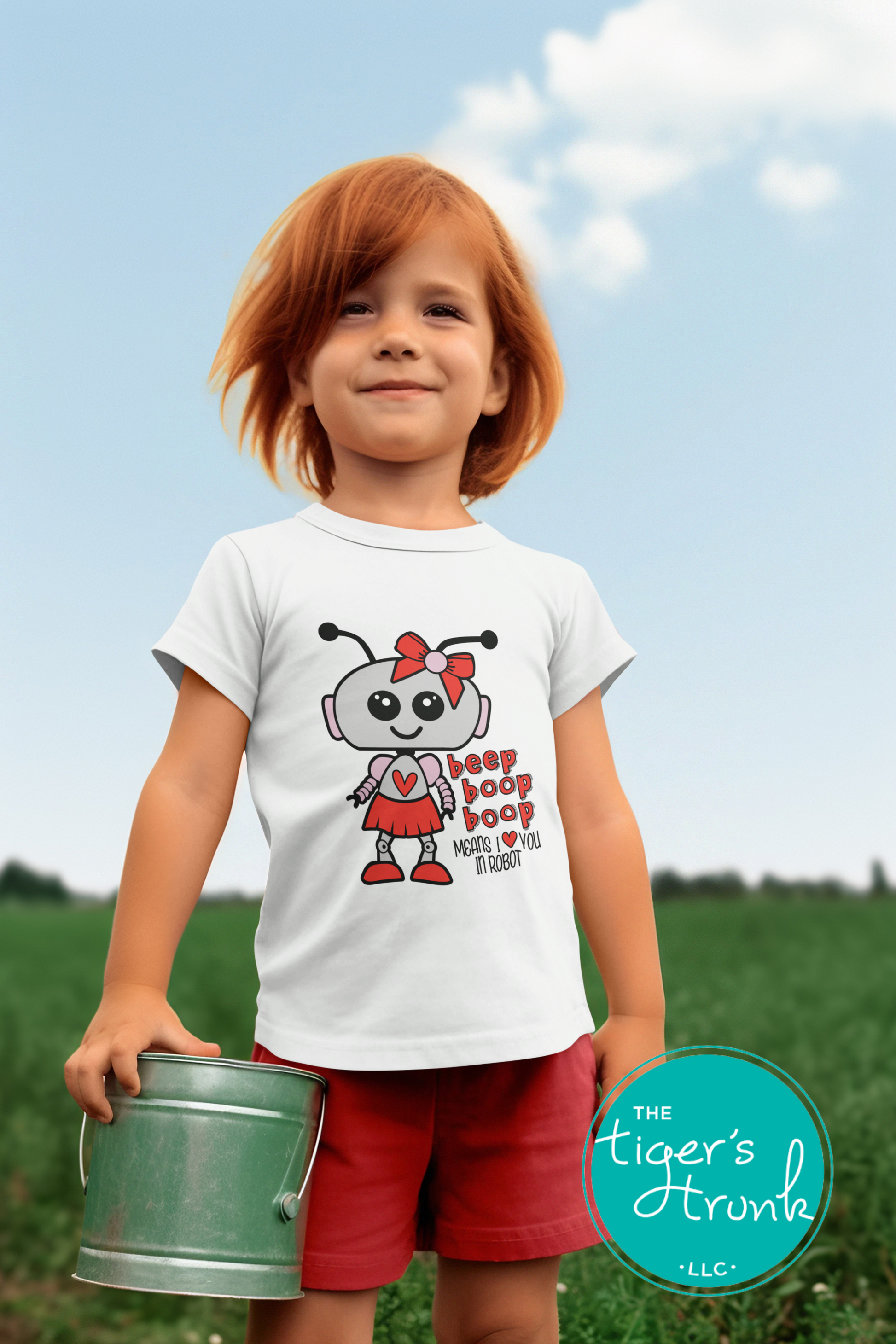 Kids Valentine’s Day STEM-inspired t-shirt with the phrase Beep Beep Boop Boop Means I Love You in Robot, perfect for robotics fans.