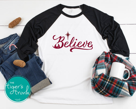 Christmas Shirt | Believe | 3/4-Sleeve Raglan Shirt