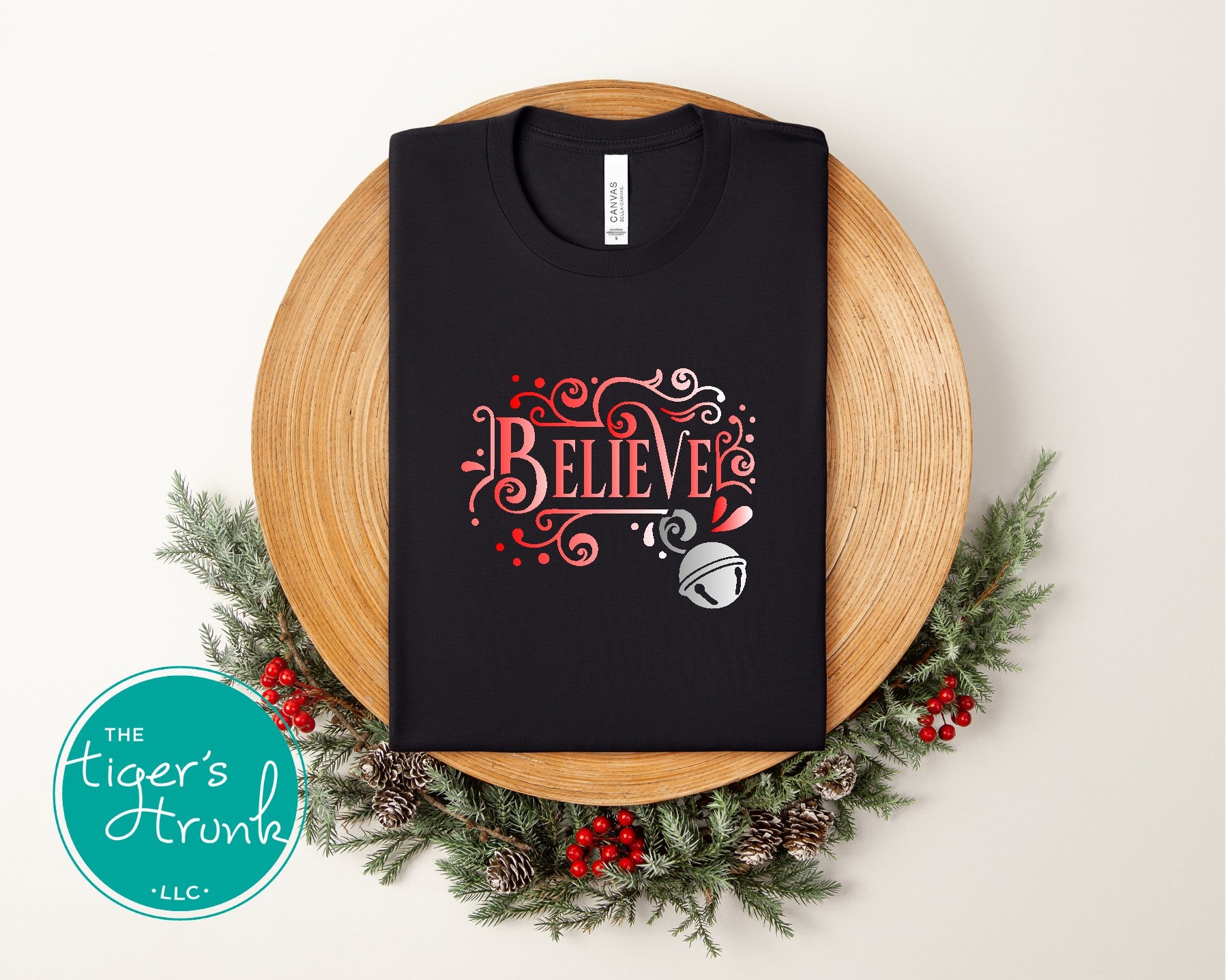 Black Believe Christmas t-shirt with red and white holiday lettering inspired by candy cane colors