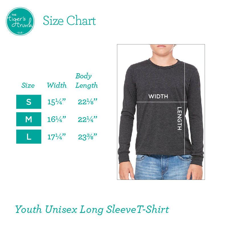 Size chart for youth unisex long sleeve t-shirt with measurements and a person wearing the shirt.