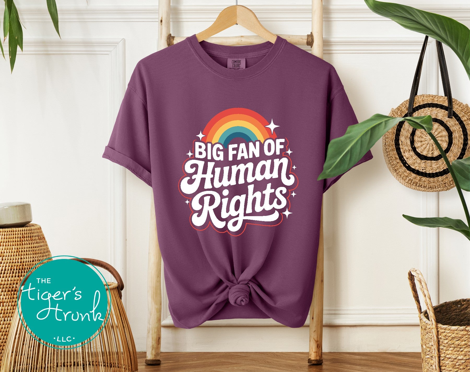 Purple t-shirt with 'Big Fan of Human Rights' text and rainbow design on a hanger.