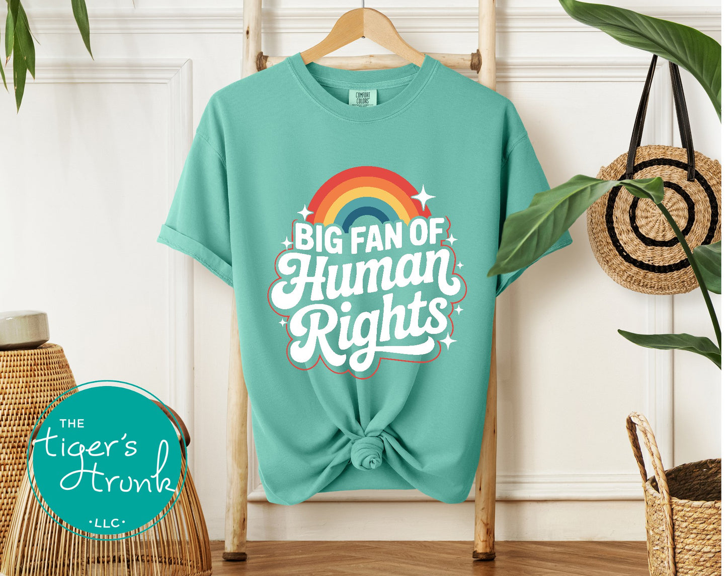 Teal t-shirt with 'Big Fan of Human Rights' text and rainbow graphic on a hanger.