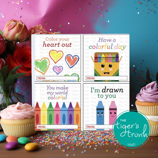 Digital download crayon-themed thank you tags, perfect for colorful kids’ birthday party favors and treat bags.