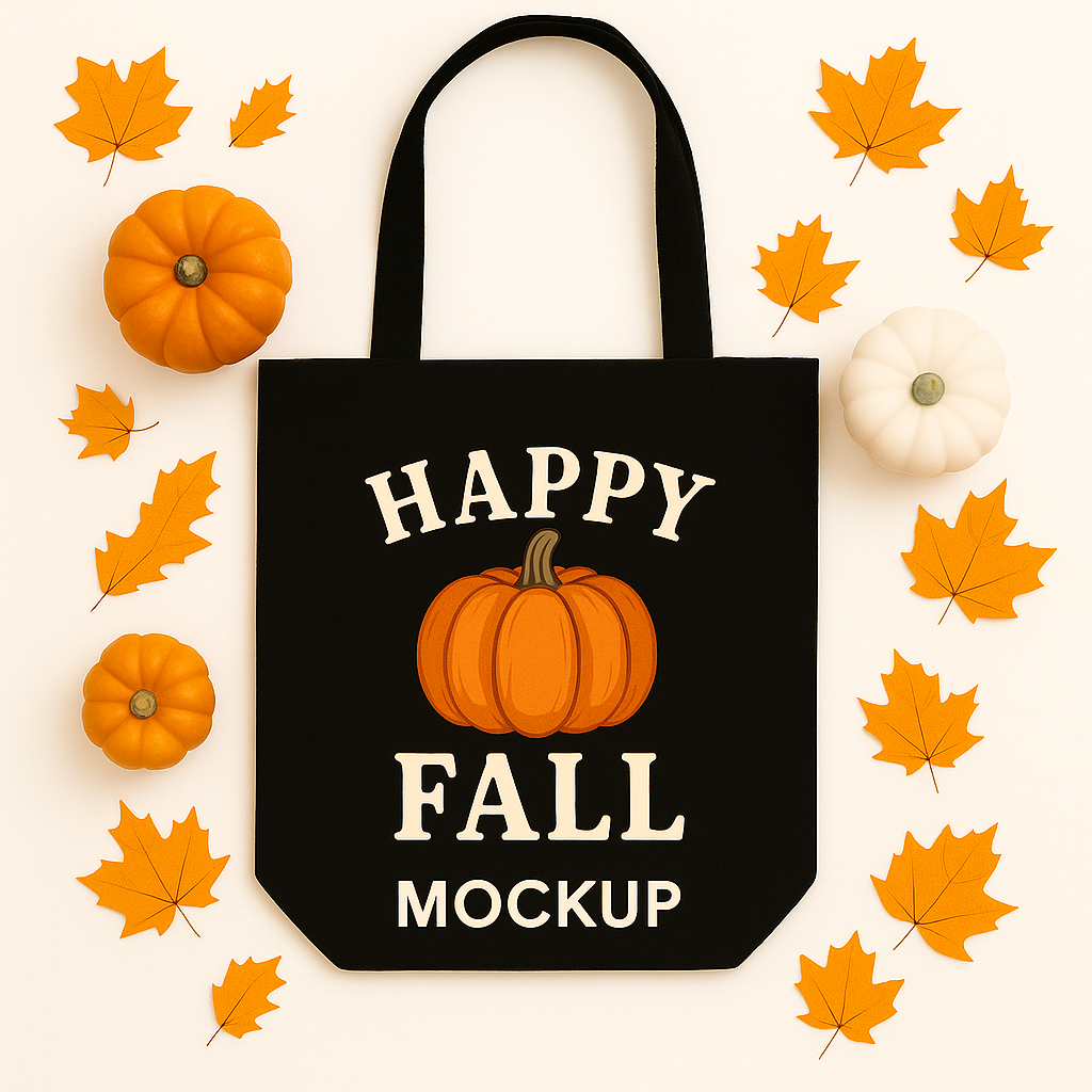 Black Canvas Tote Bag Flat Lay Mockup with Fall Décor