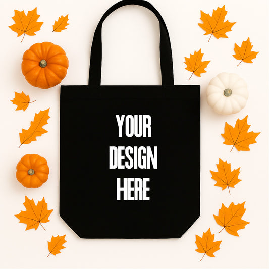 Black Canvas Tote Bag Flat Lay Mockup with Fall Décor