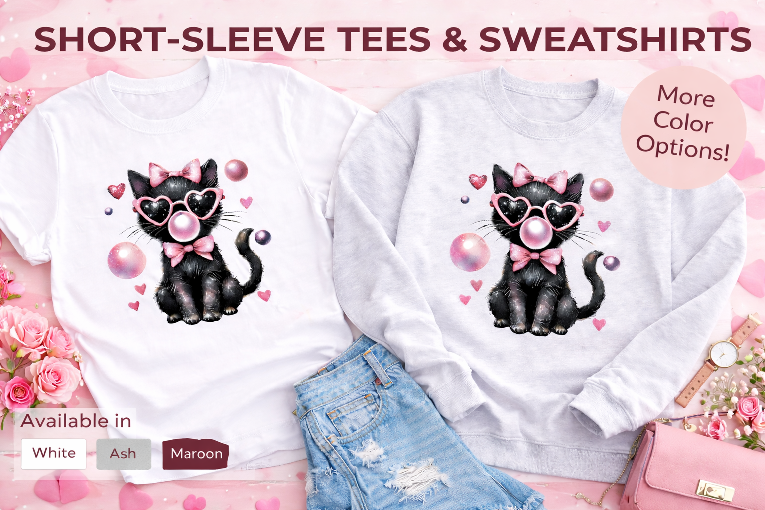 White short-sleeve tees and sweatshirts with a black cat design on a pink floral background.