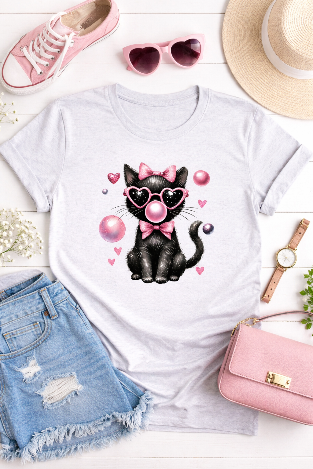 White t-shirt with a black cat graphic wearing sunglasses and a bow tie, surrounded by accessories on a white surface.