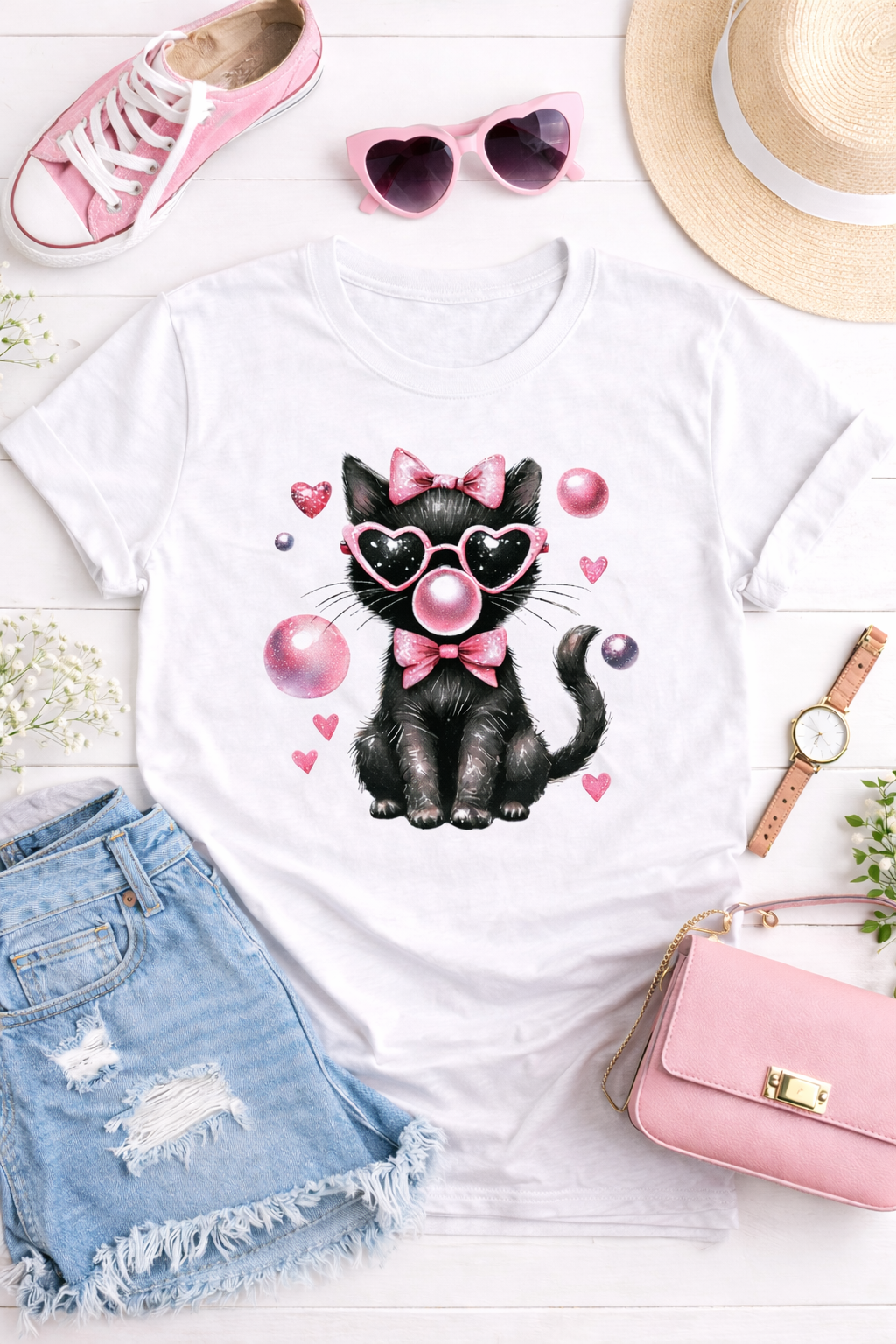 White t-shirt with a black cat graphic, pink accessories, and casual clothing items on a white background.
