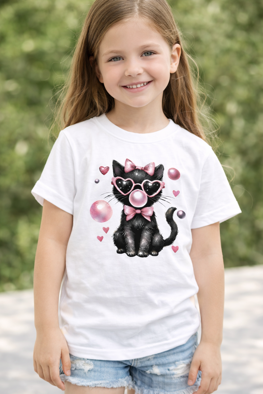 Child wearing a white t-shirt with a black cat graphic, standing outdoors.