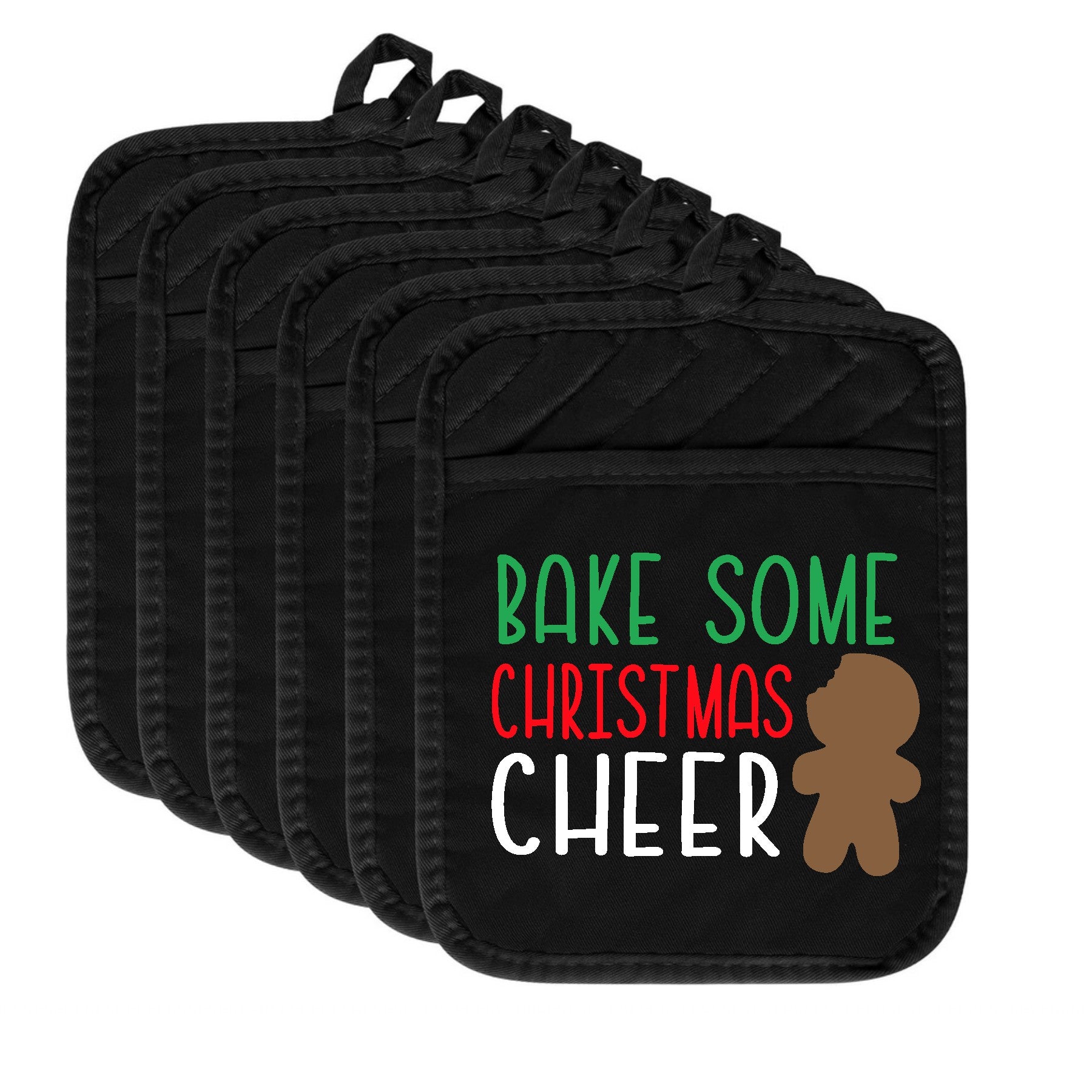 Set of black pot holders with Christmas-themed text and gingerbread man design.