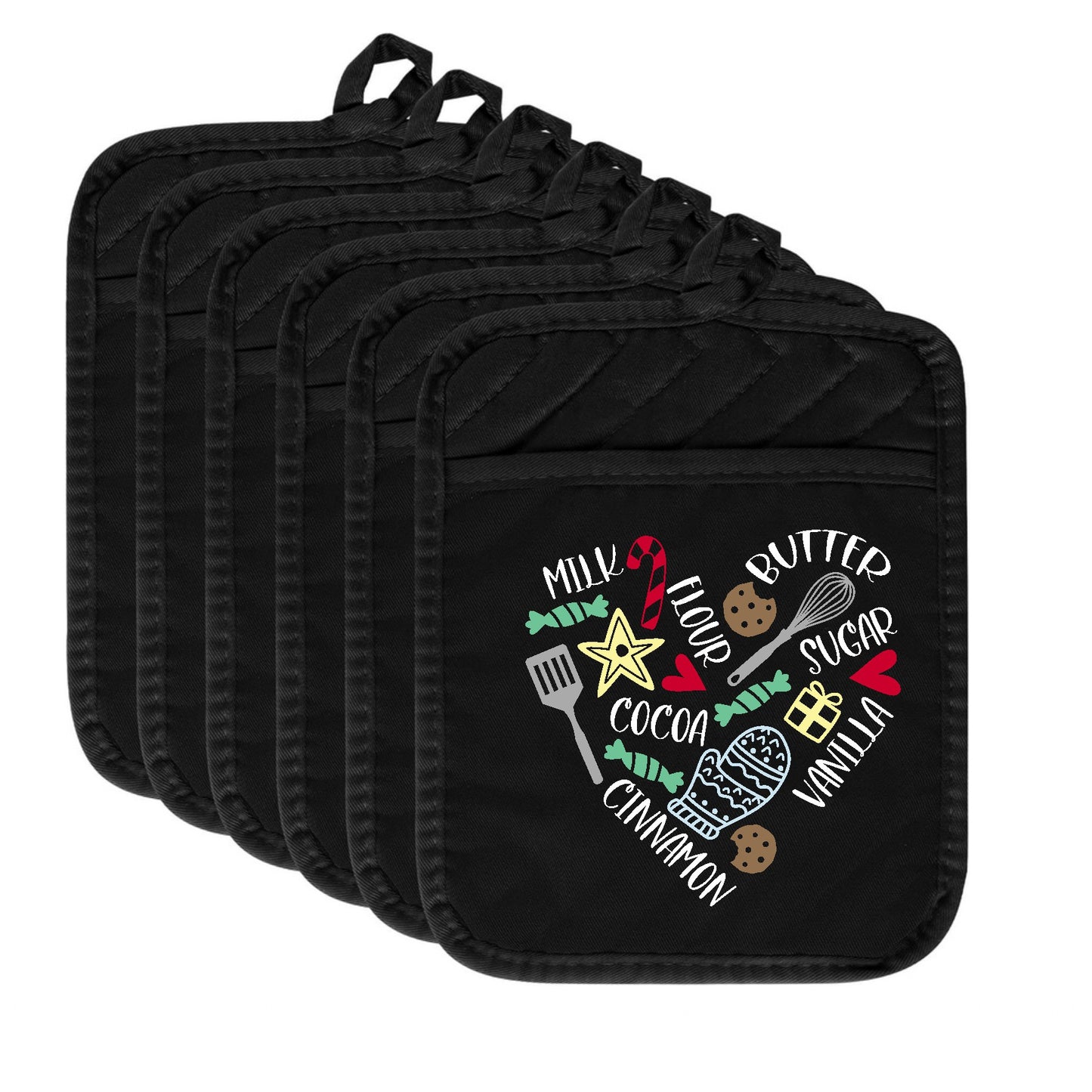 Set of black pot holders with colorful baking-themed design on a white background