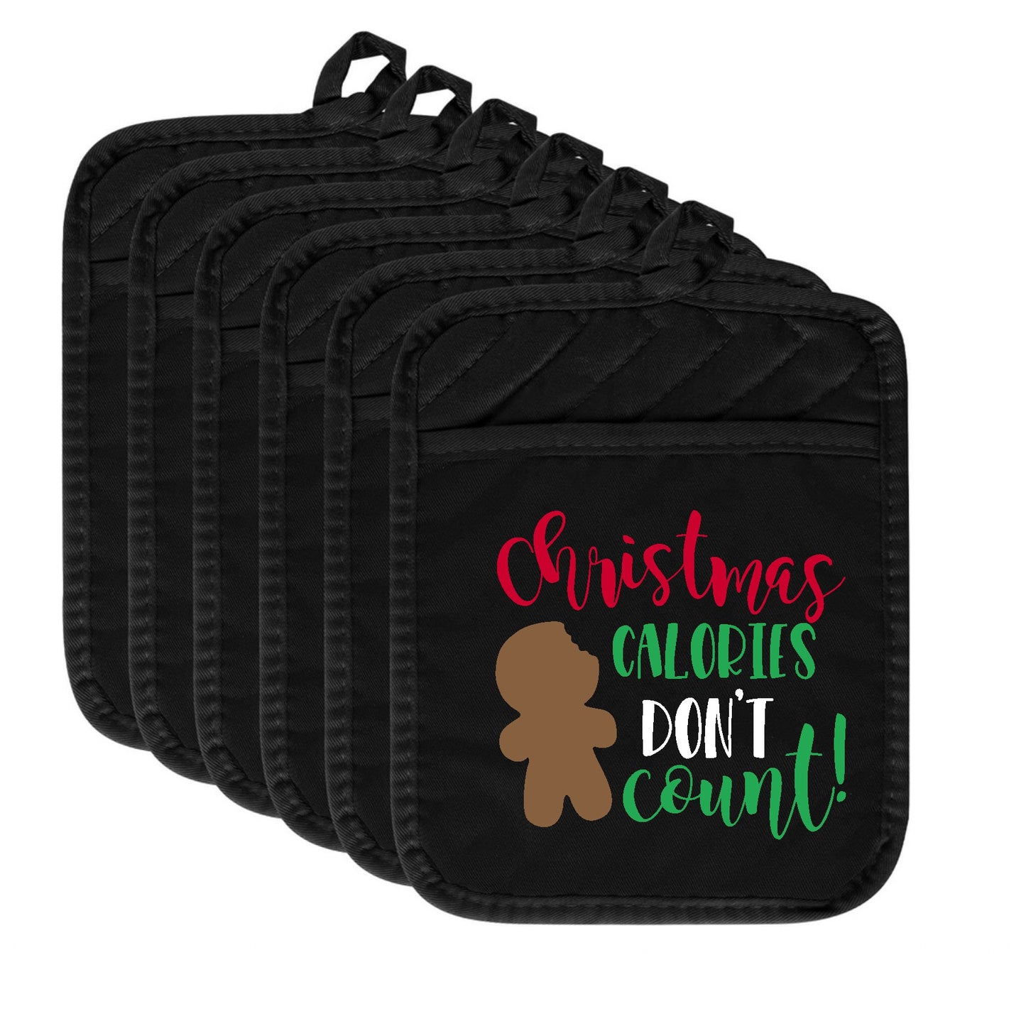 Set of black pot holders with Christmas-themed text and gingerbread man design.