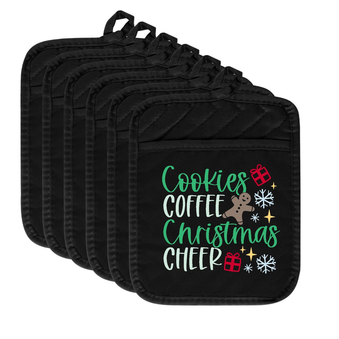Set of black pot holders with Christmas-themed text and graphics on a white background