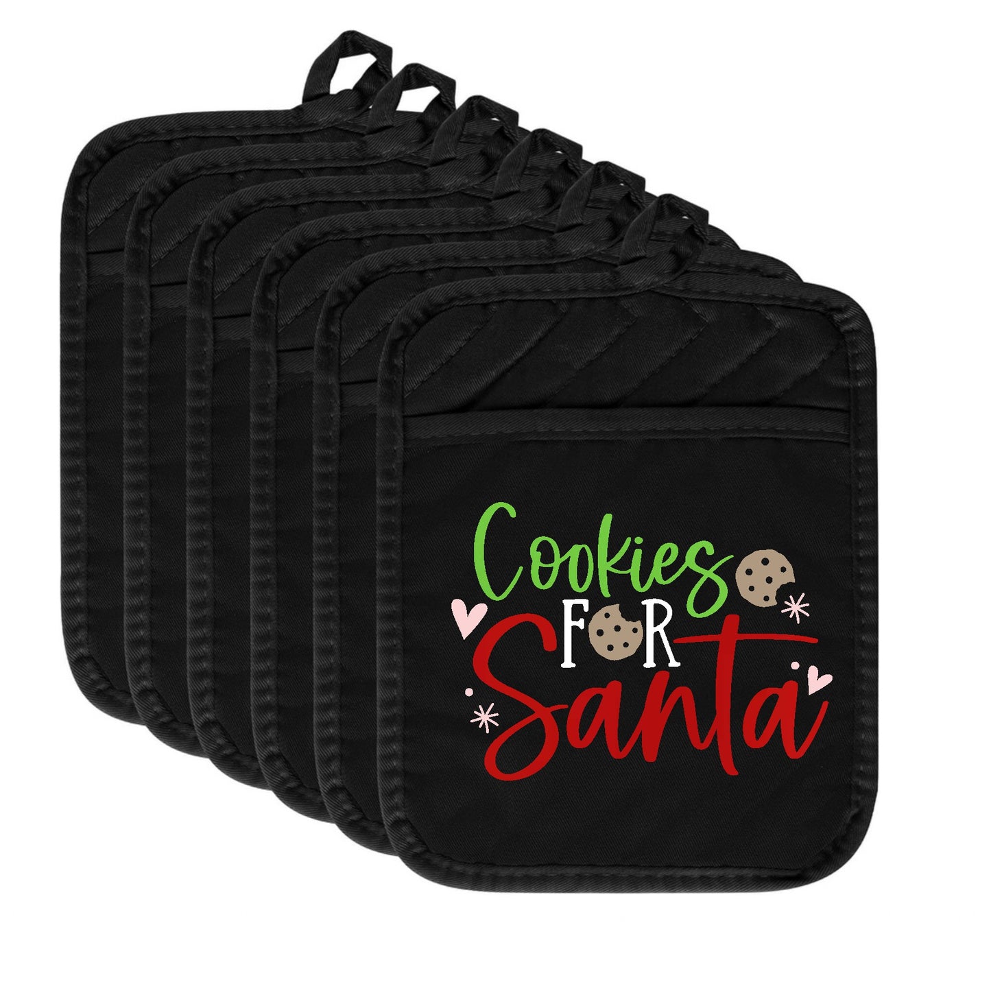 Set of black pot holders with 'Cookies for Santa' text on a white background