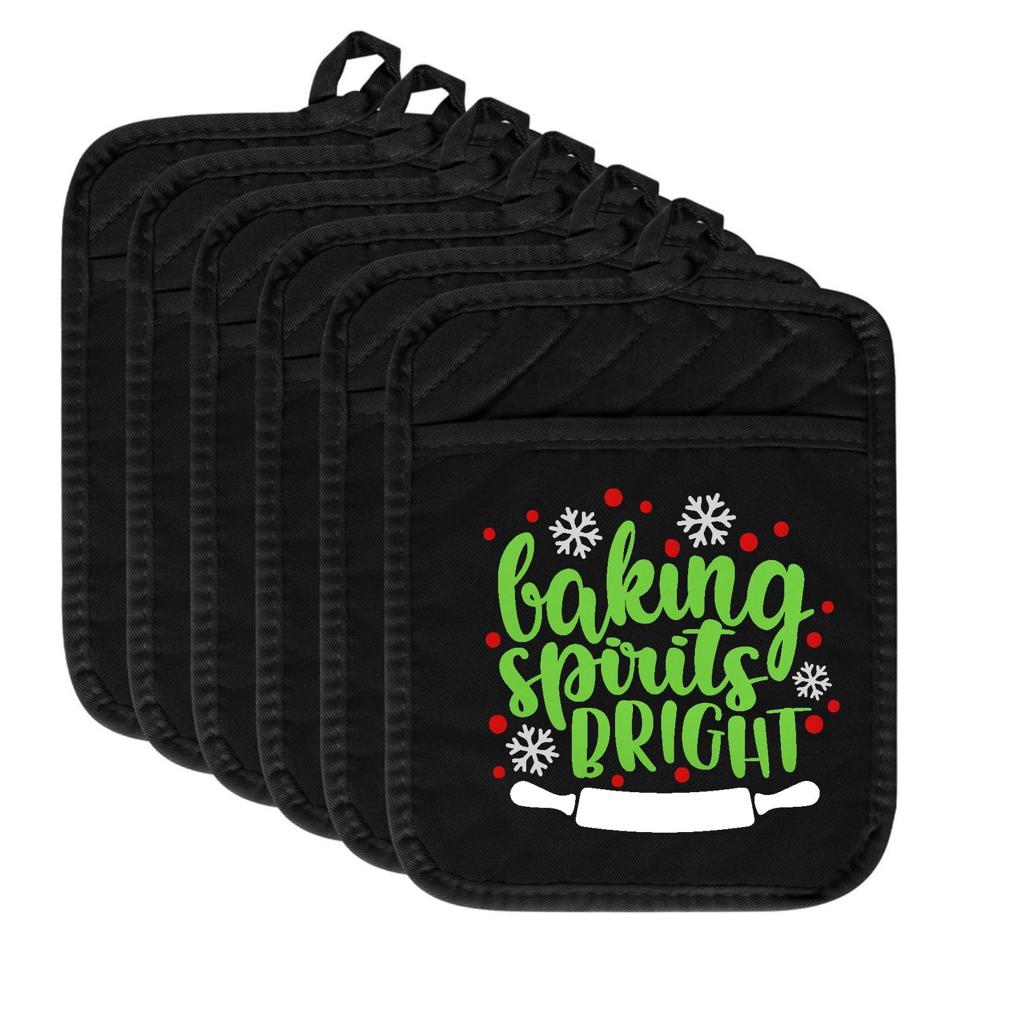 Set of black pot holders with 'Baking Spirits Bright' text on a white background