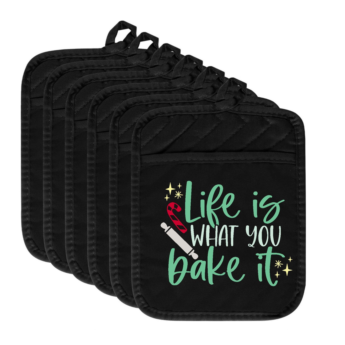 Set of black pot holders with colorful text design on a white background