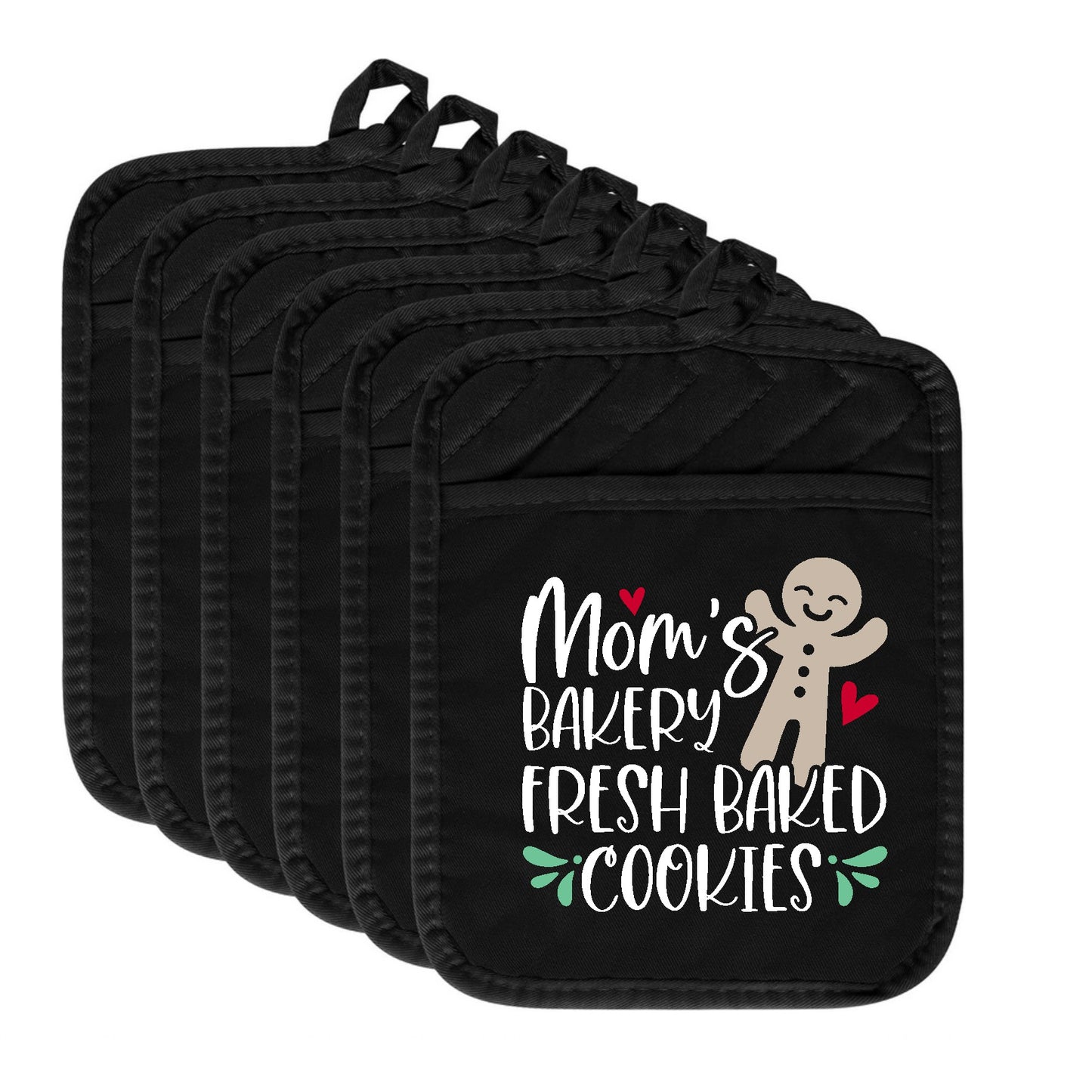 Set of black pot holders with 'Mom's Bakery Fresh Baked Cookies' design on a white background