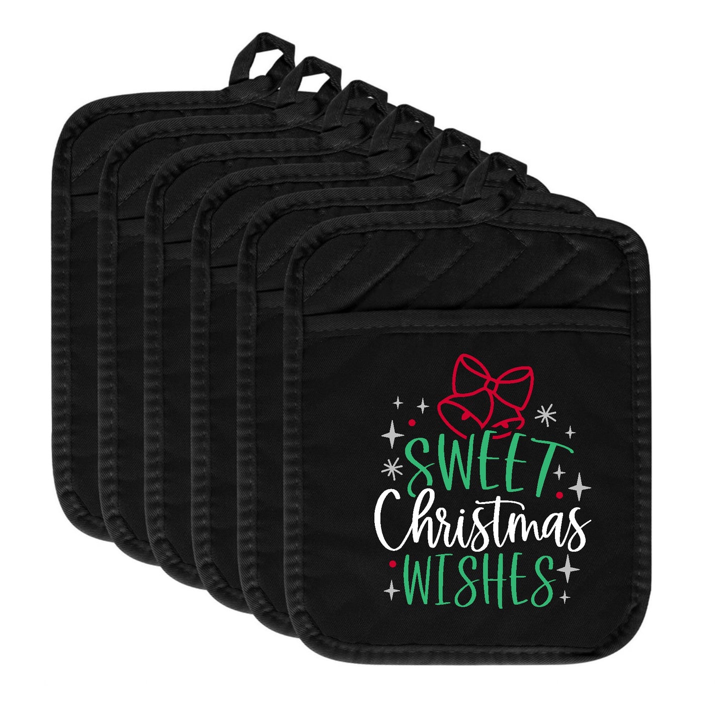 Set of black pot holders with 'Sweet Christmas Wishes' text and bow design.