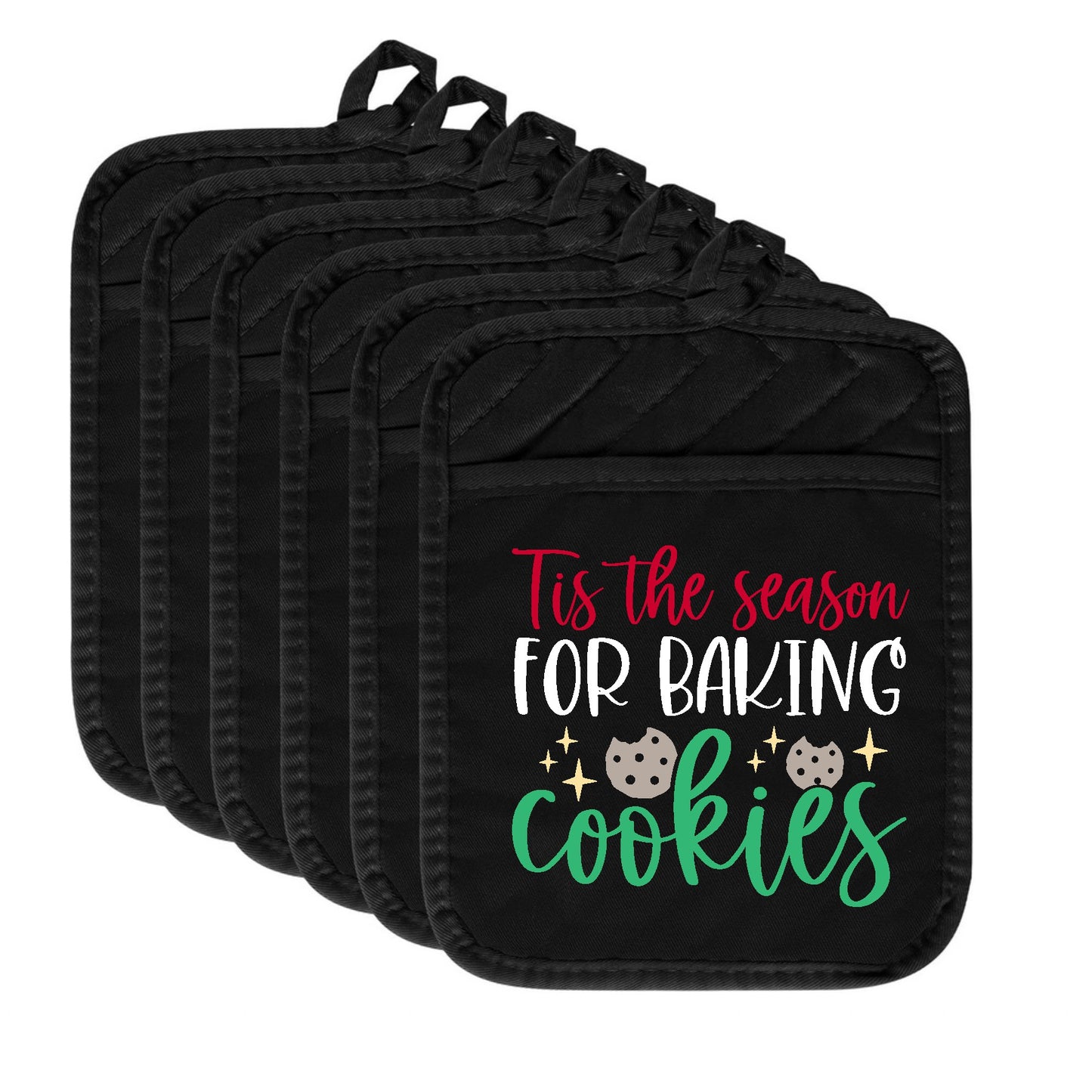 Set of black pot holders with festive text design on a white background