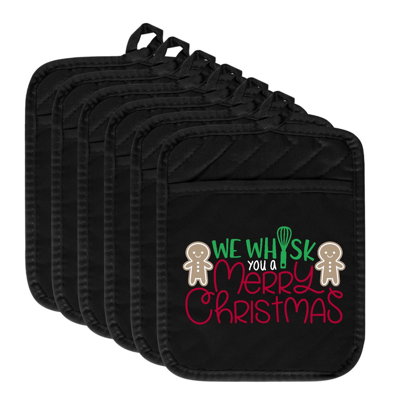 Set of black pot holders with Christmas-themed design on a white background