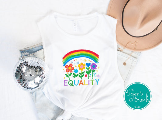 Unisex white tankt with rainbow and colorful flowers spelling Equality – inclusive Pride clothing
