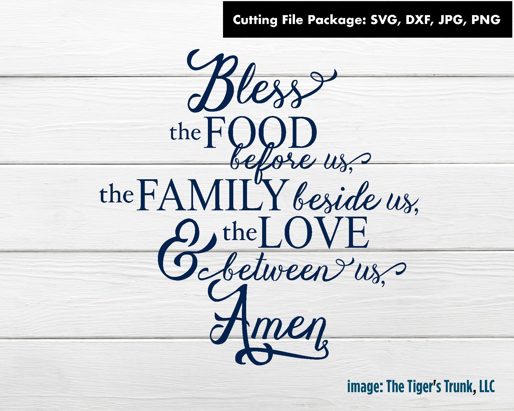 Navy blue text on a white wooden background with 'The Tiger's Trunk, LLC' branding.