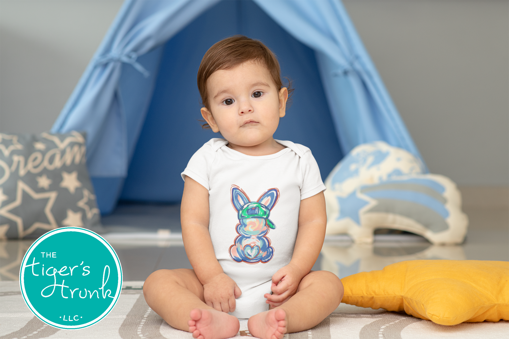 Easter t-shirt with a watercolor blue bunny wearing a ball cap, perfect for fun and casual spring celebrations