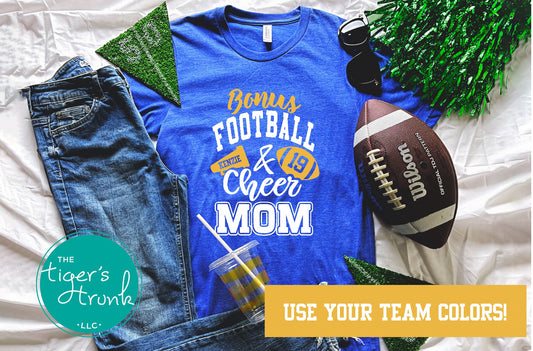 Personalized Bonus Mom shirt with football and megaphone, customized with player and cheerleader names, jersey number, and school colors