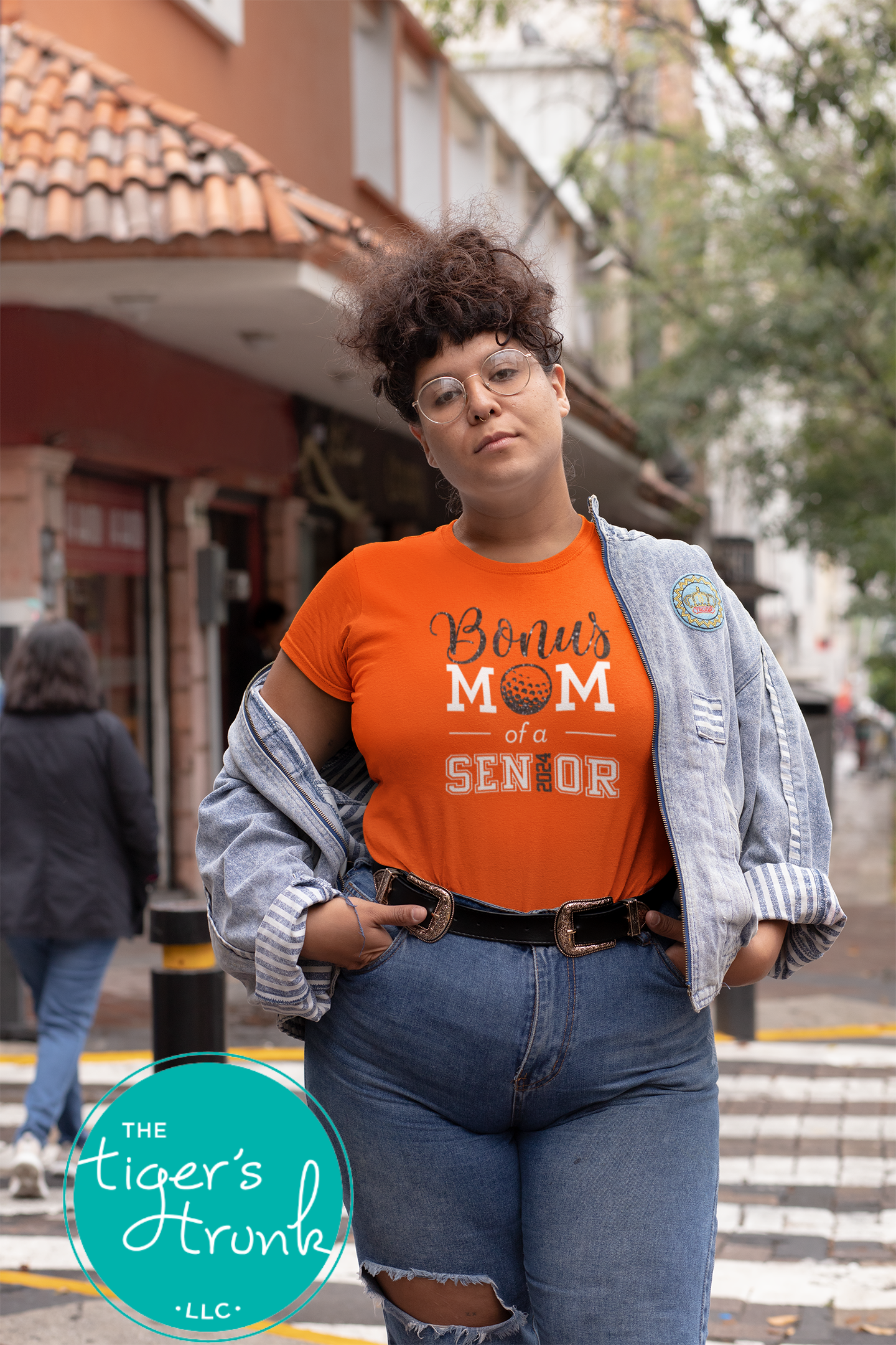 Orange t-shirt featuring Bonus Mom of a Senior on a model.
