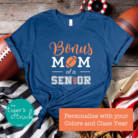 Bonus Mom of a Senior shirt personalized with school colors and graduation year on navy tee