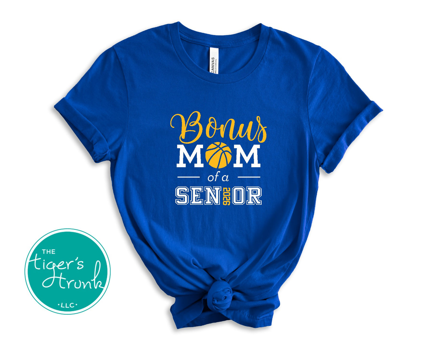 Blue t-shirt with 'Bonus Mom of a Senior' text and basketball graphic on a white background