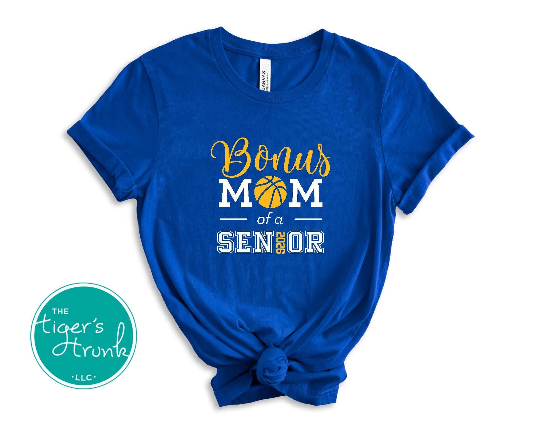 Blue t-shirt with 'Bonus Mom of a Senior' text and basketball graphic on a white background