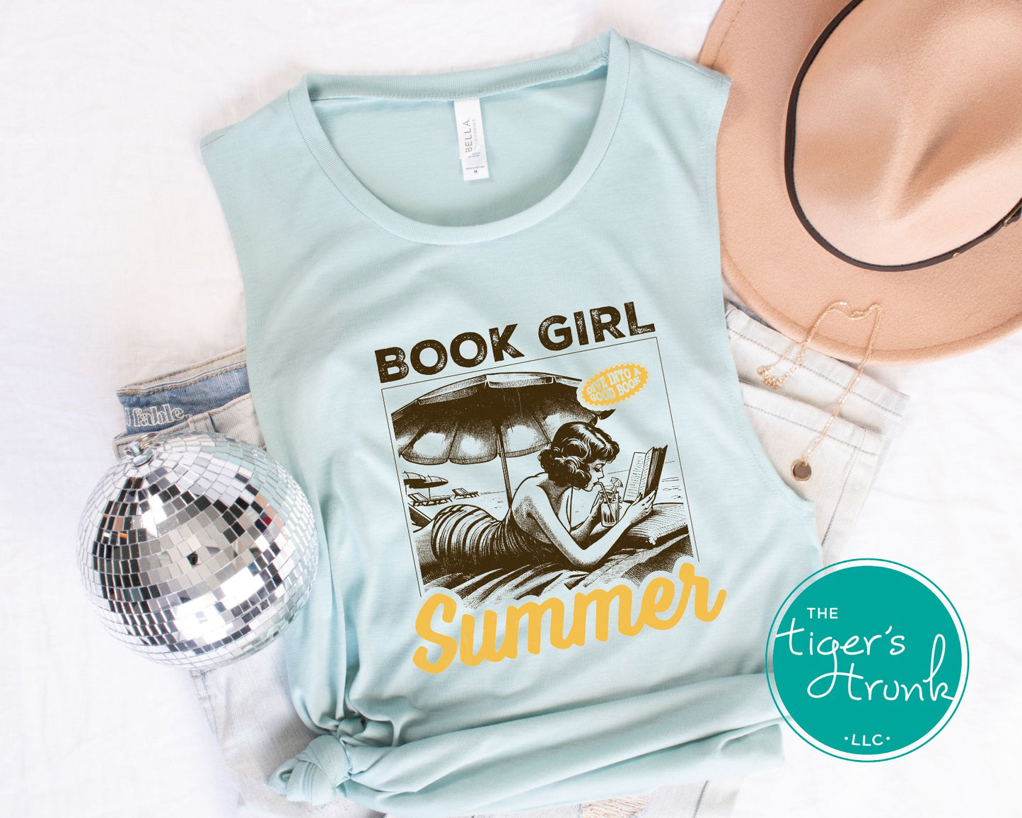 Muscle tank top with the phrase "Dive Into a Good Book," sleeveless literary shirt for readers, gym lovers, and teachers