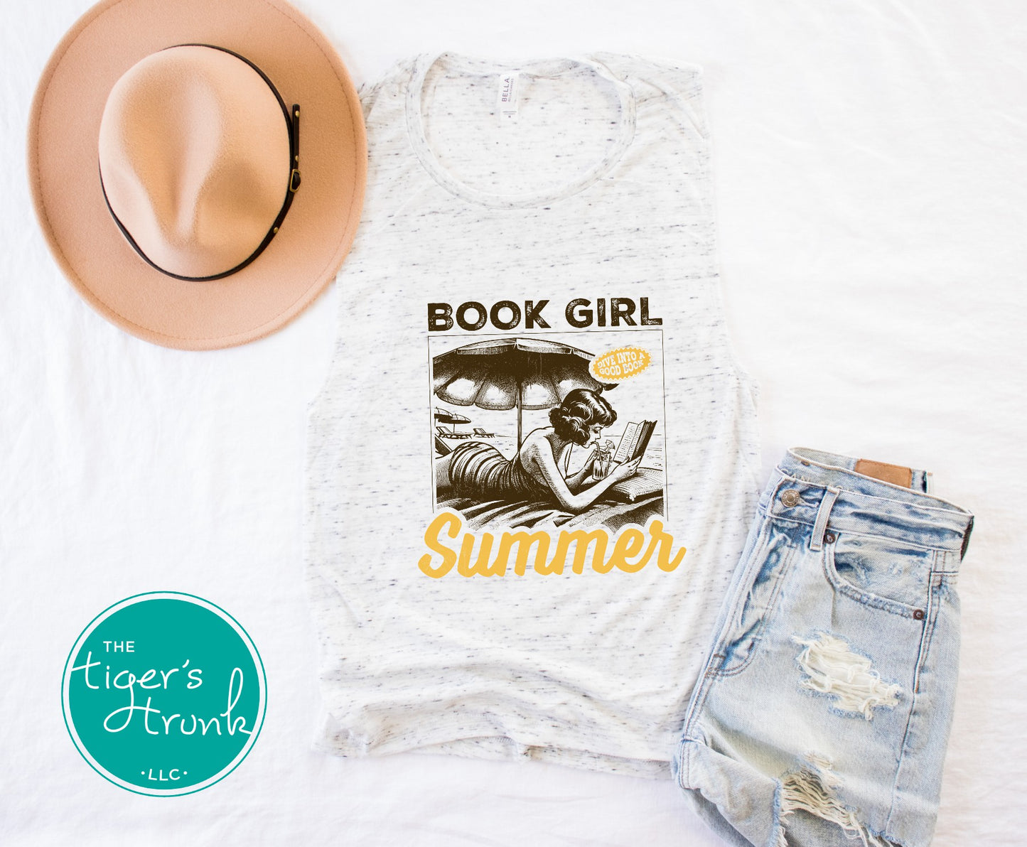 Muscle tank top with the phrase "Dive Into a Good Book," sleeveless literary shirt for readers, gym lovers, and teachers