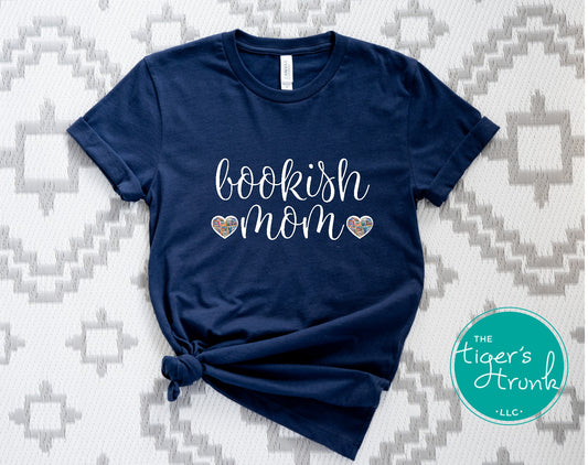 T-shirt that says "Bookish Mom," soft and simple design perfect for moms who love to read