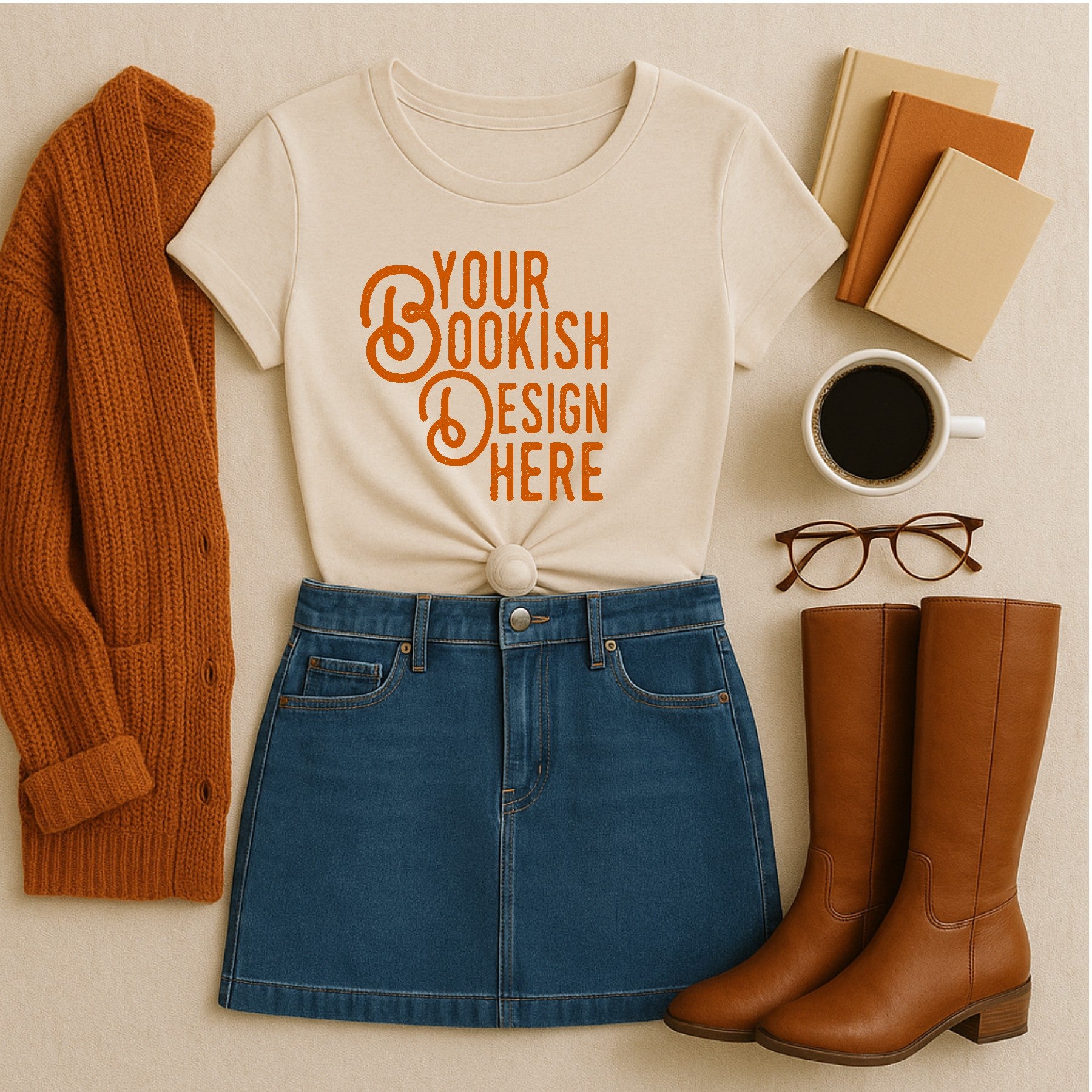 White t-shirt with 'Your Bookish Design Here' text, blue skirt, brown boots, sweater, books, and coffee cup on a beige background.