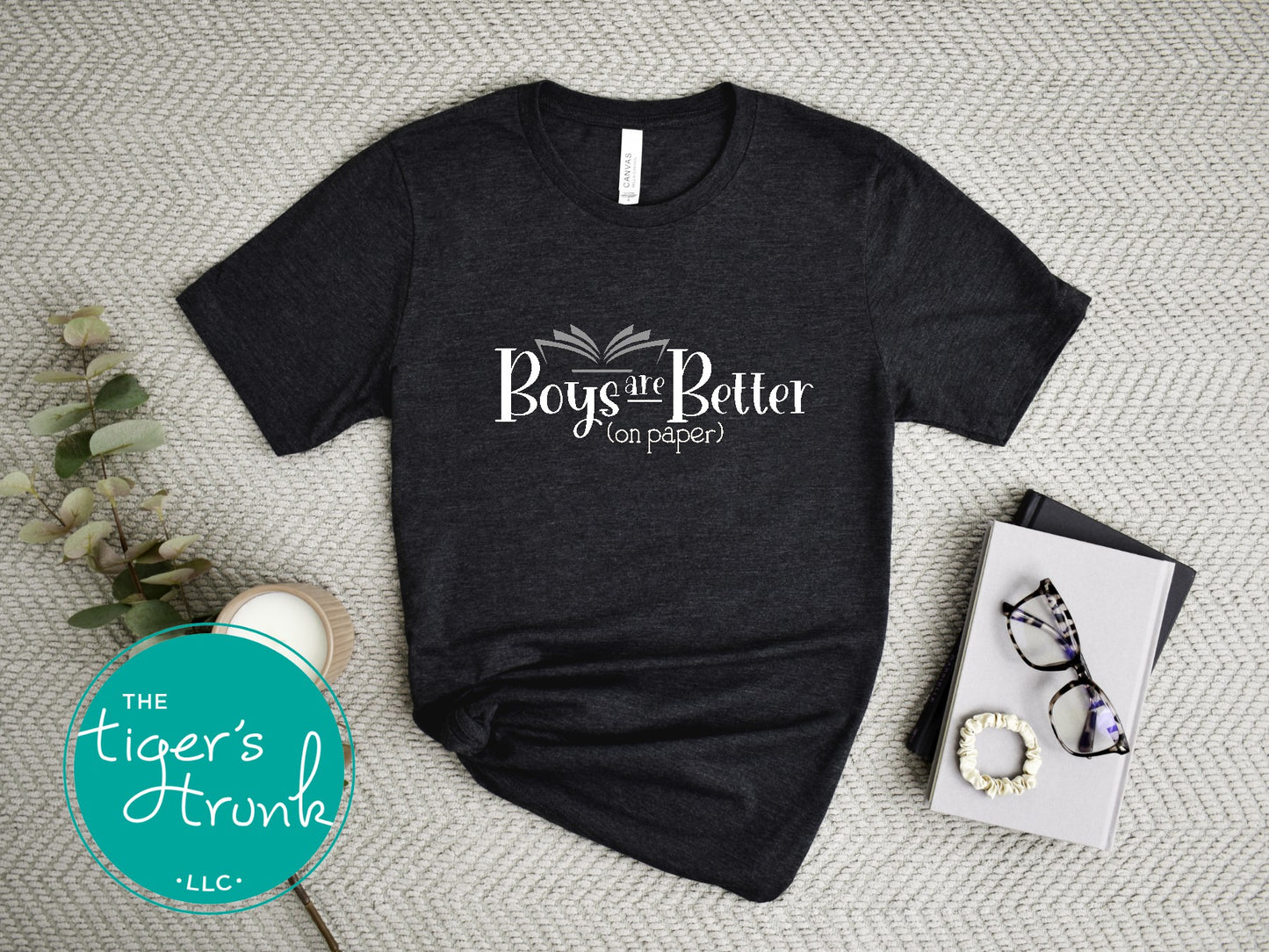 Book-themed t-shirt with Boys Are Better on Paper design, perfect for book lovers and romance readers