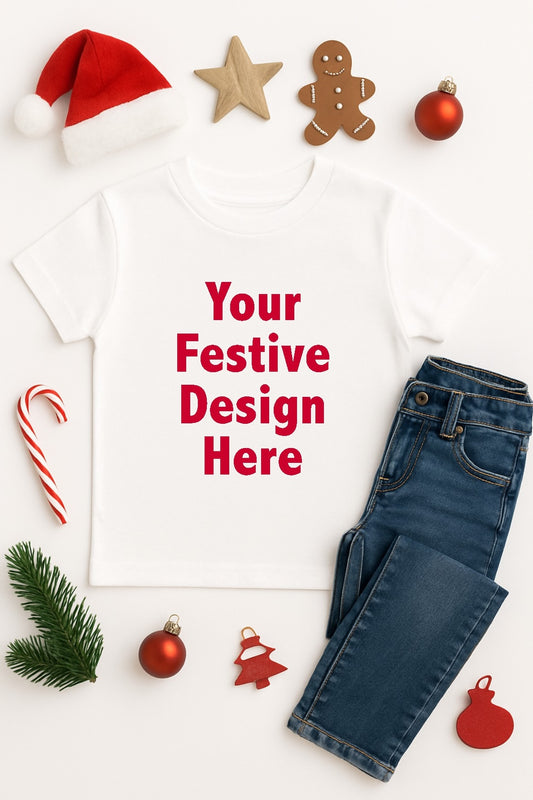 White t-shirt with jeans and Christmas-themed items on a white background