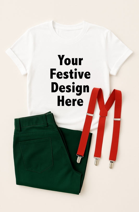 White t-shirt with text, green pants, and red suspenders on a beige background