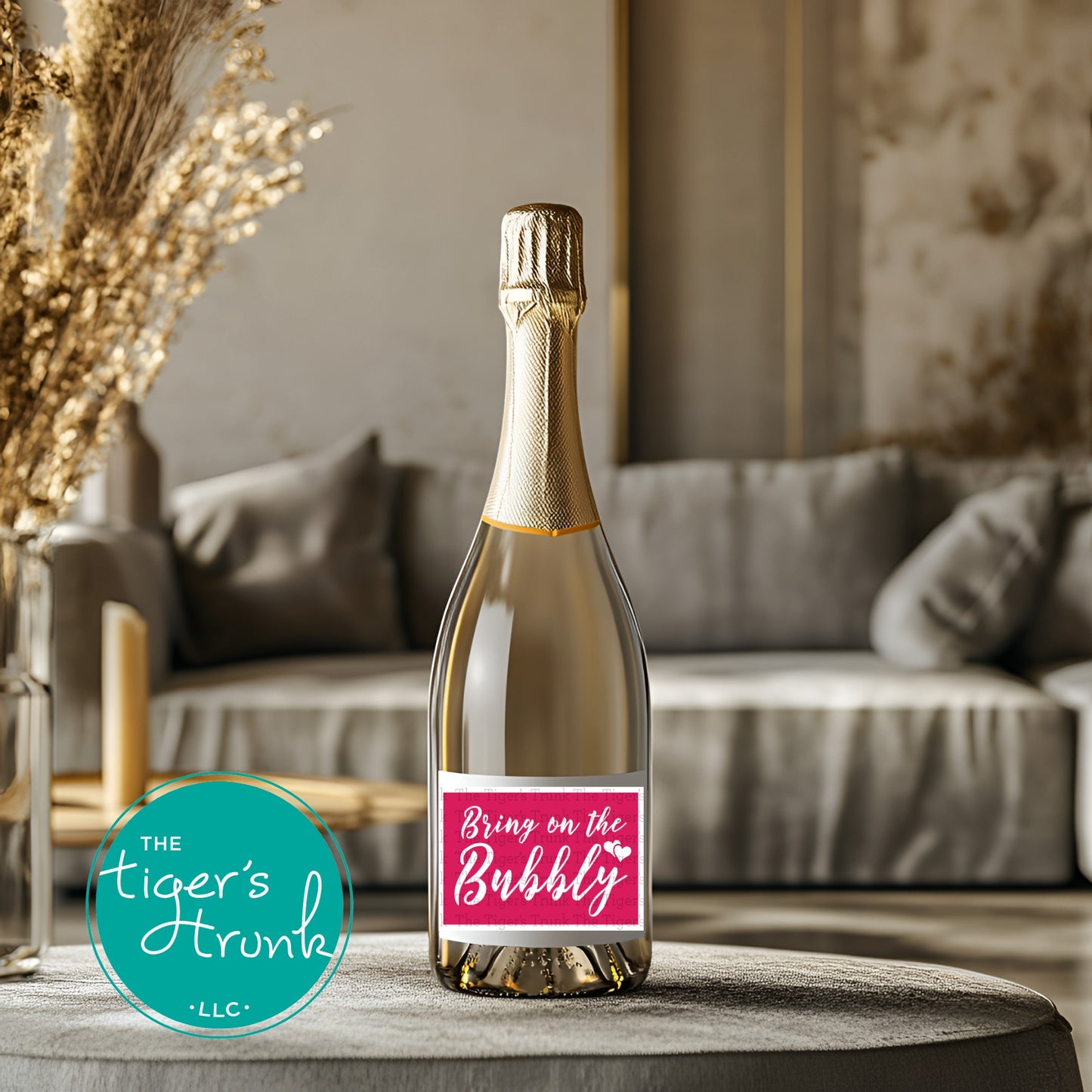 Printable champagne bottle label with "Bring on the Bubbly," ideal for festive occasions like Valentine’s or anniversaries.