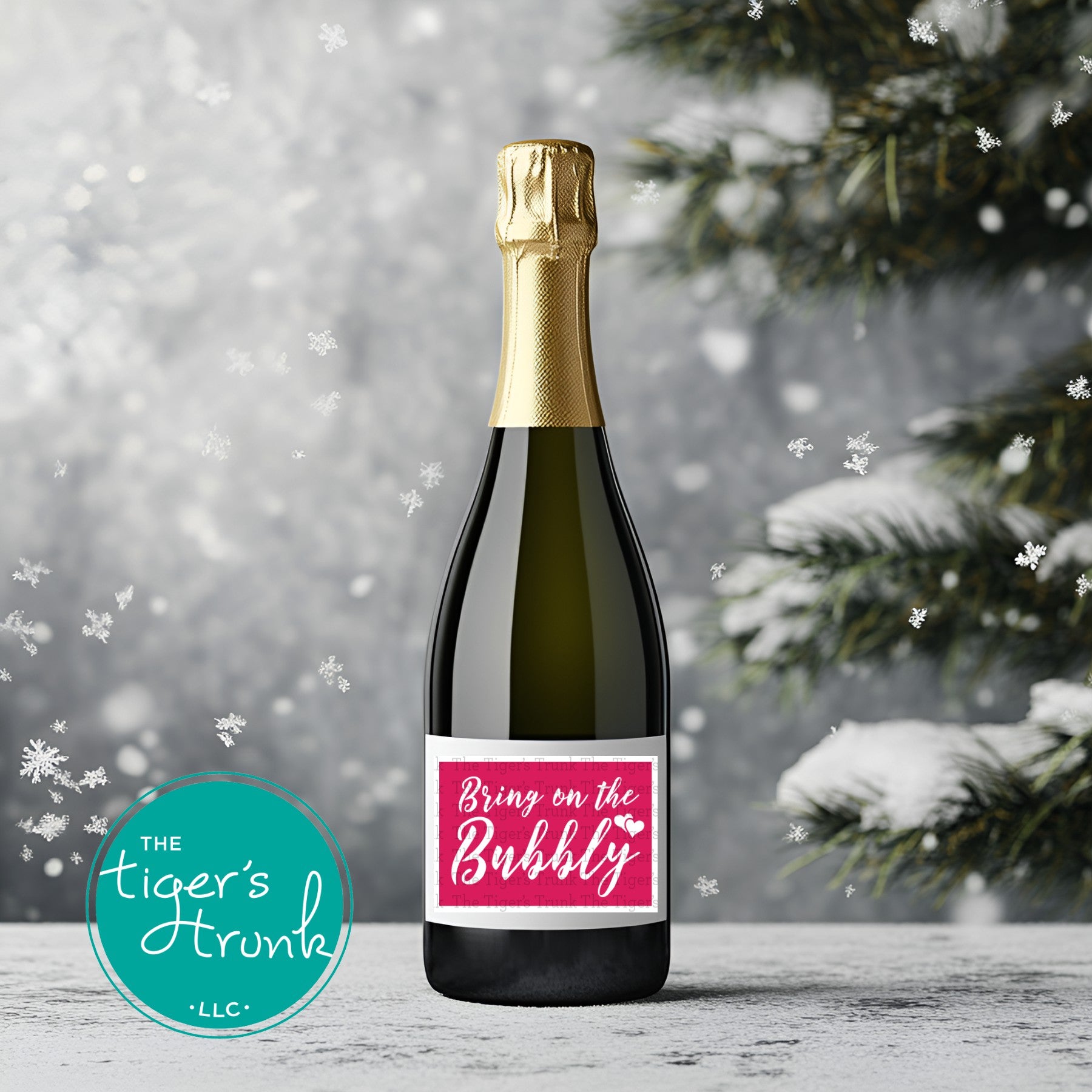 Printable champagne bottle label with "Bring on the Bubbly," ideal for festive occasions like Valentine’s or anniversaries.