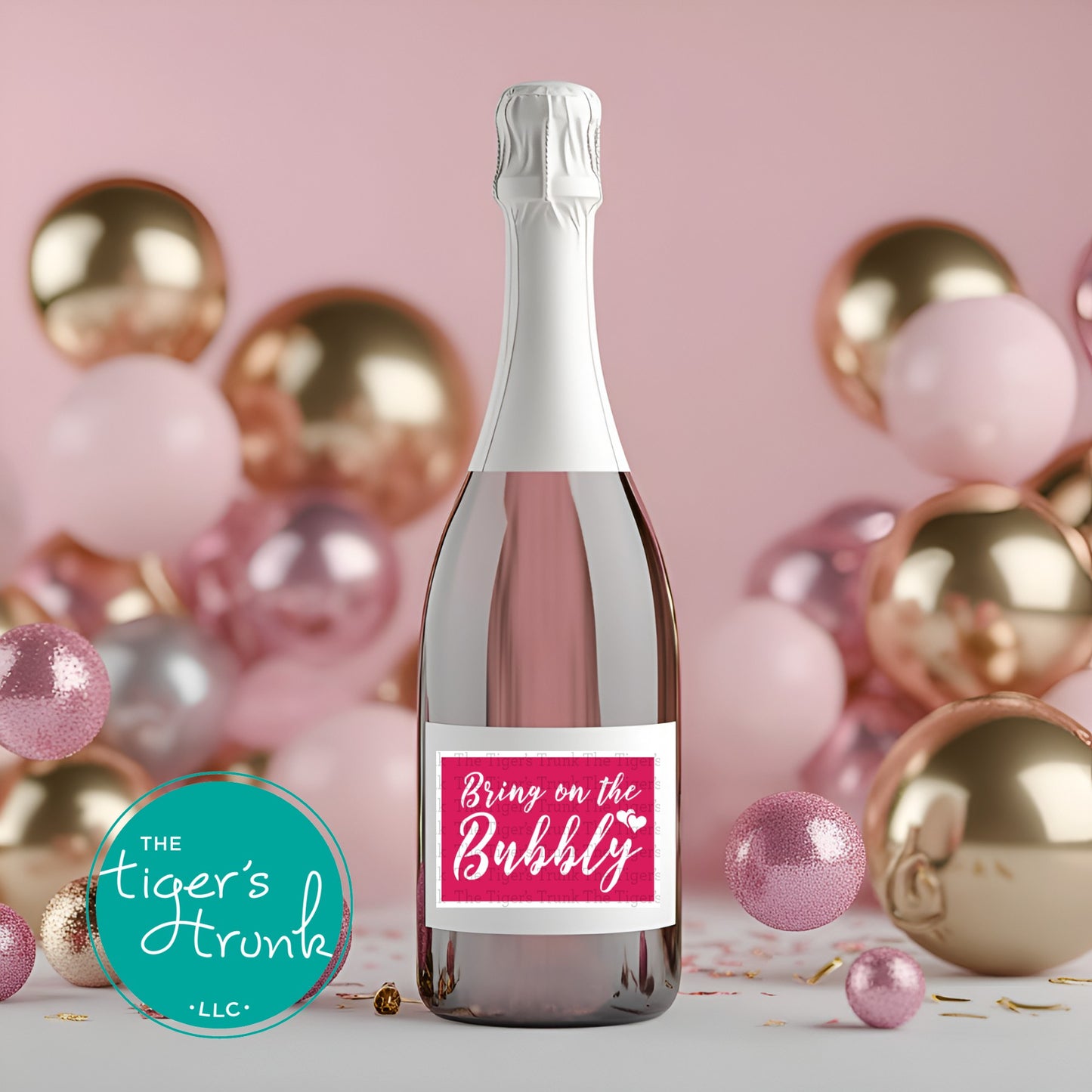 Printable champagne bottle label with "Bring on the Bubbly," ideal for festive occasions like Valentine’s or anniversaries.